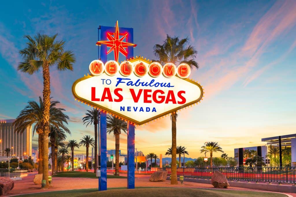 This historic Welcome to Fabulous Las Vegas Nevada sign at sunset. 