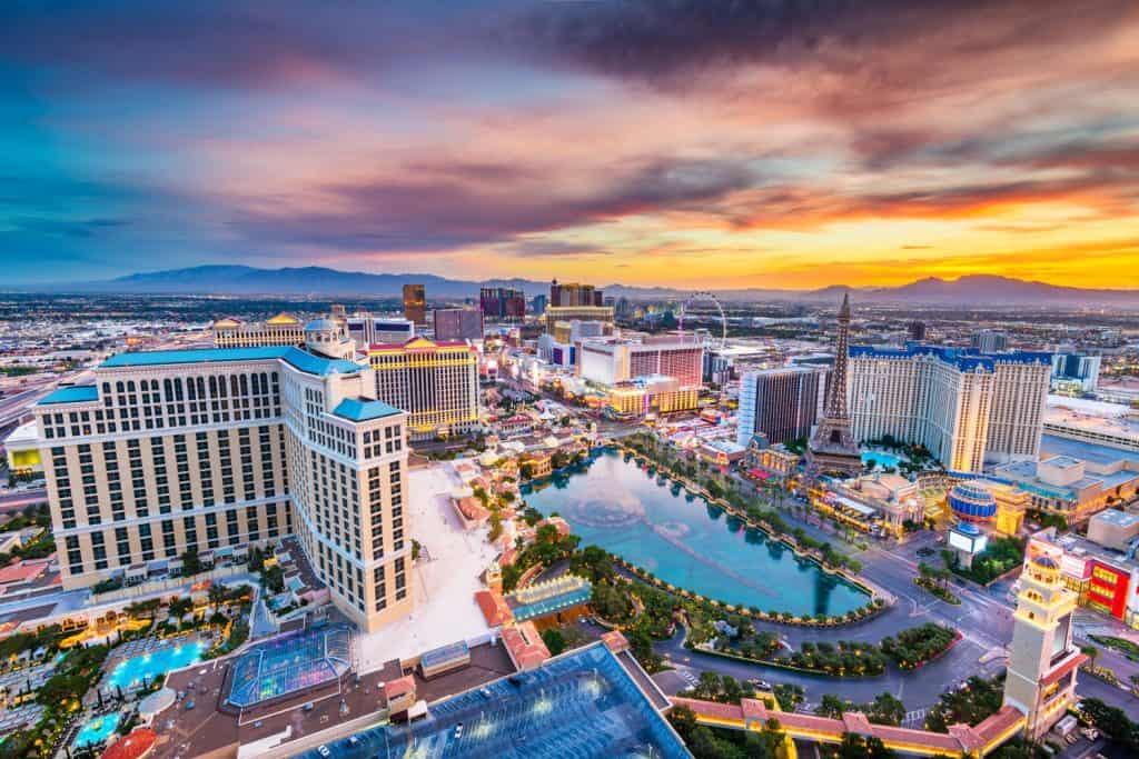 An aerial view of the Las Vegas strip as the sun is setting.