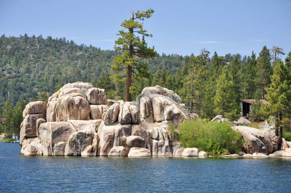 Large rocky formation right on the water with a tree in the middle. 